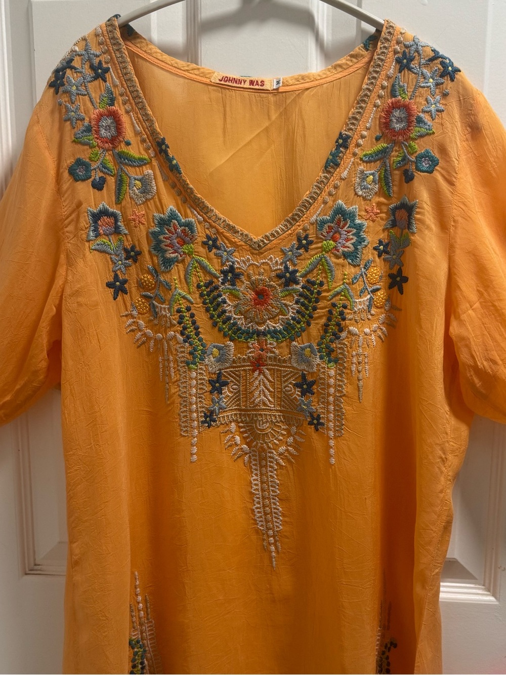 Johnny Was Orange Embroidered V-Neck Tunic with Multicolor Floral Detail